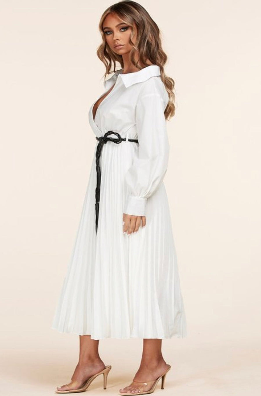 White Pleated Midi Dress