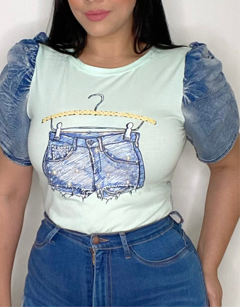 Denim Short Print Top