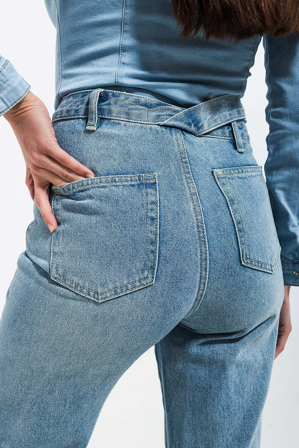 Yellow Feather Trim Straight Leg Jeans