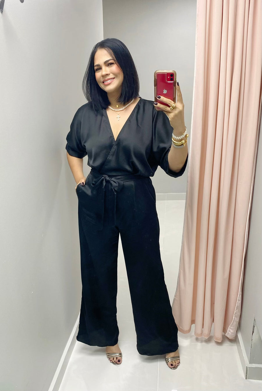 V neck Satin  Black Jumpsuit