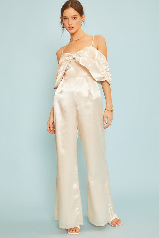 Off Shoulder Champagne Satin Jumpsuit