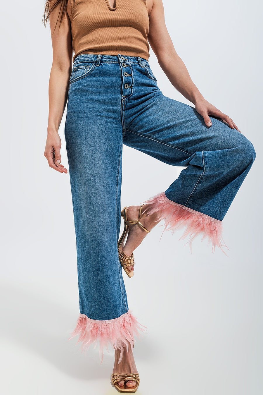Pink Feather Trim Jeans