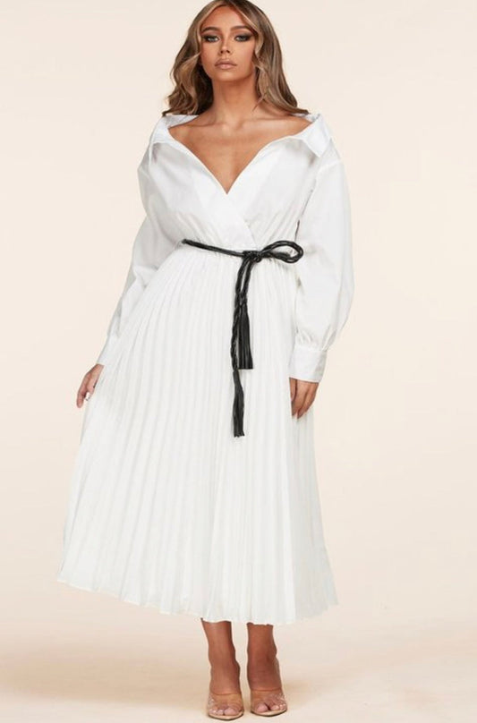 White Pleated Midi Dress
