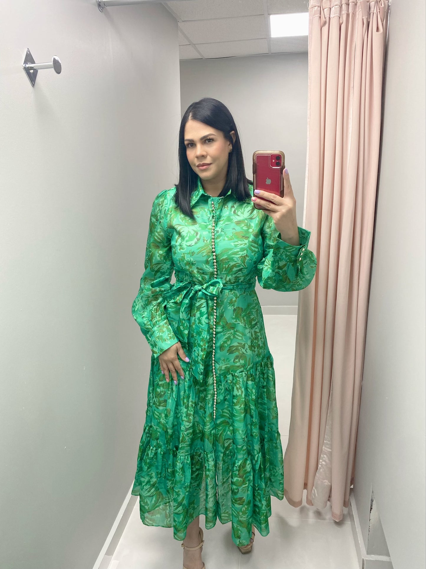 Button Down Green Floral Dress