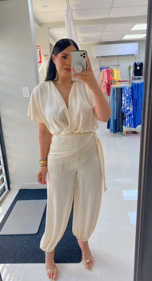 Silky V-Neck Cream Jumpsuit