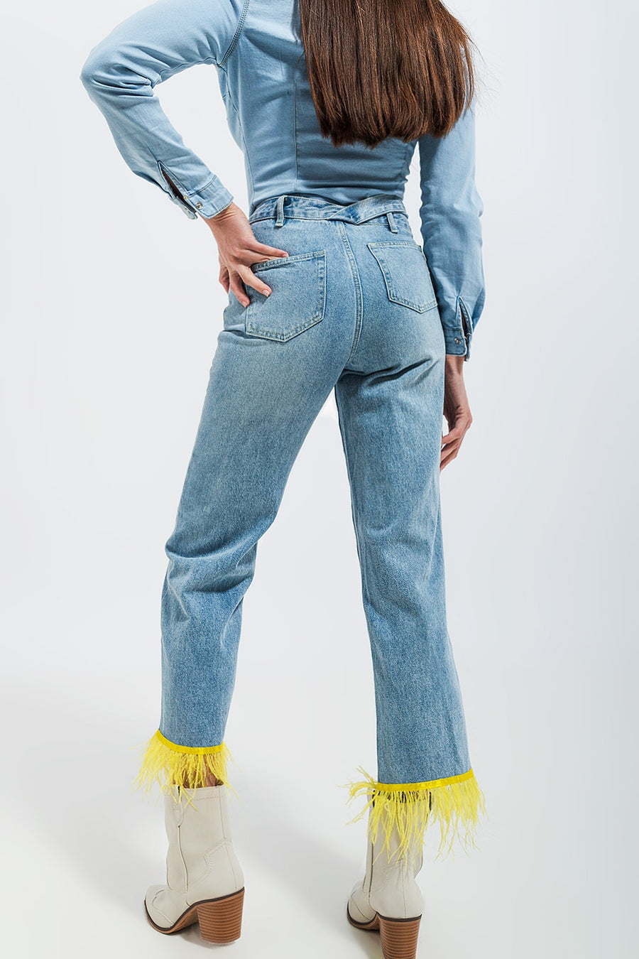Yellow Feather Trim Straight Leg Jeans