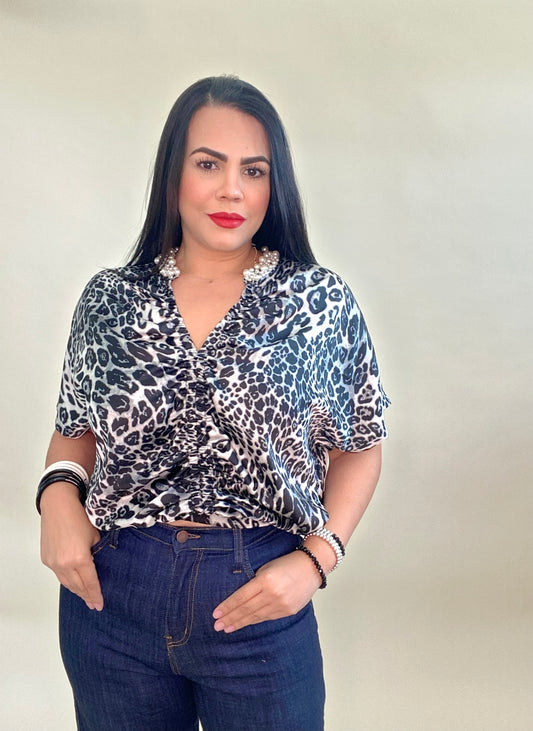 Pearl Detail Animal Print Top