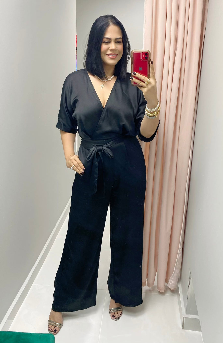 V neck Satin  Black Jumpsuit