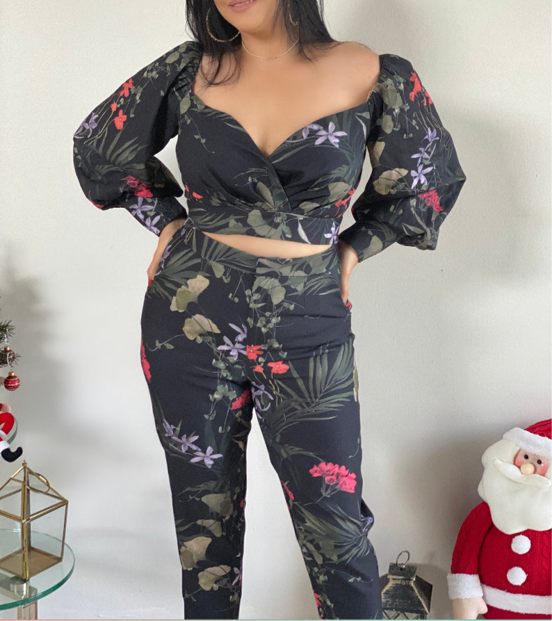 Black Multi Floral Print Pant Set