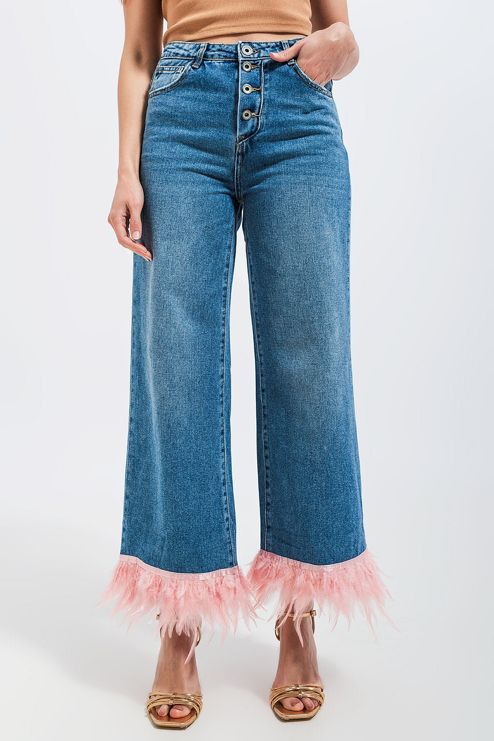 Pink Feather Trim Jeans