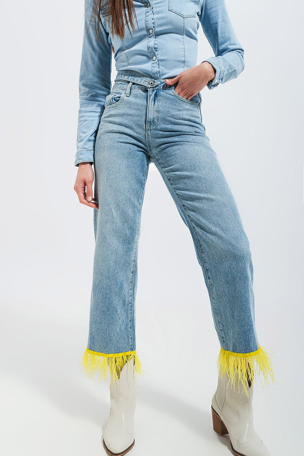 Yellow Feather Trim Straight Leg Jeans