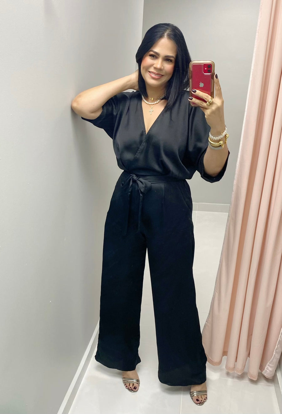 V neck Satin  Black Jumpsuit