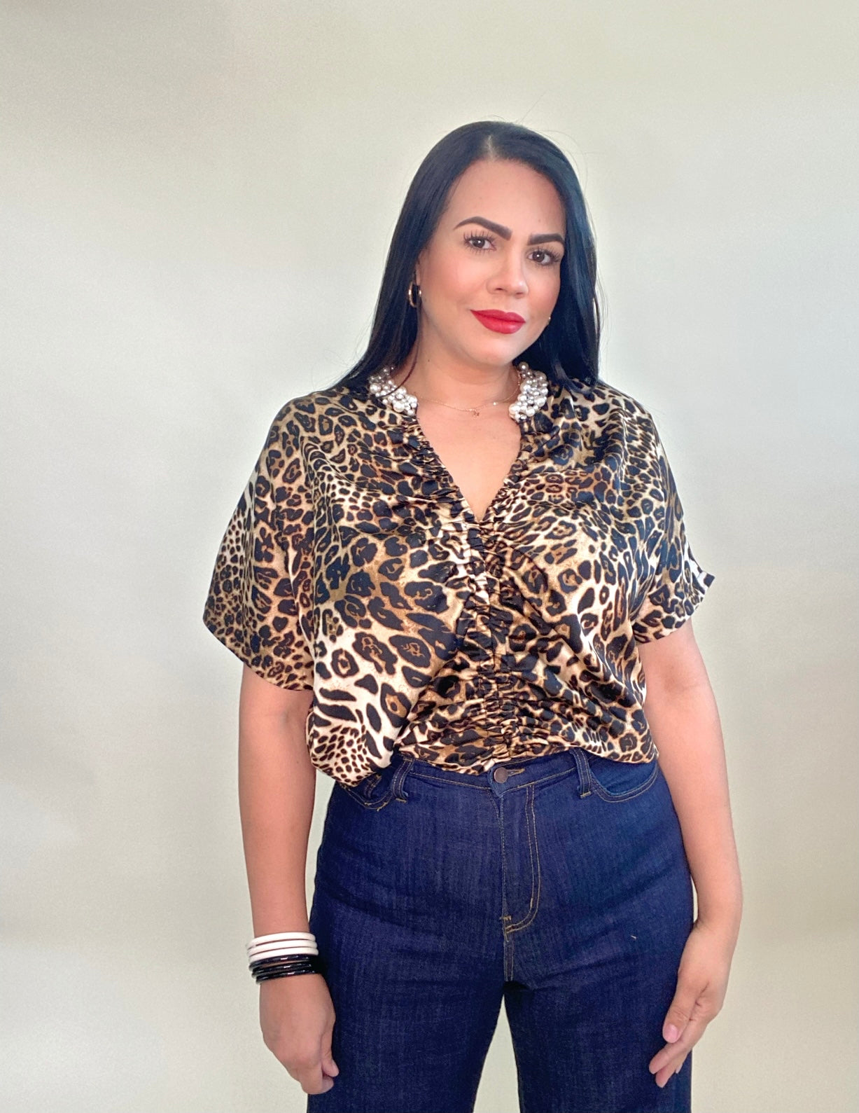 Pearl Detail Animal Print Top
