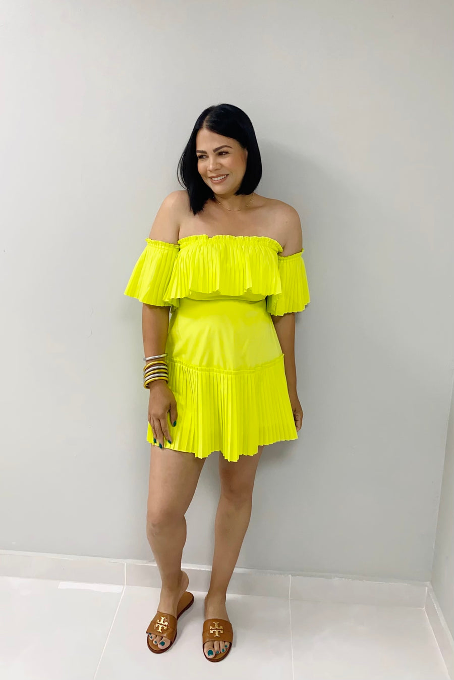 Off Shoulder Pleated Mini Dress - Lime Light