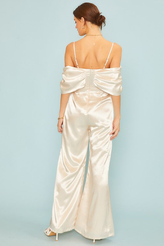 Off Shoulder Champagne Satin Jumpsuit
