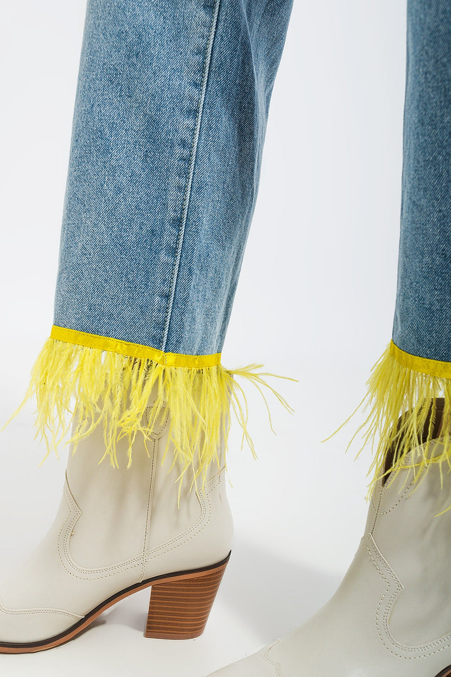 Yellow Feather Trim Straight Leg Jeans