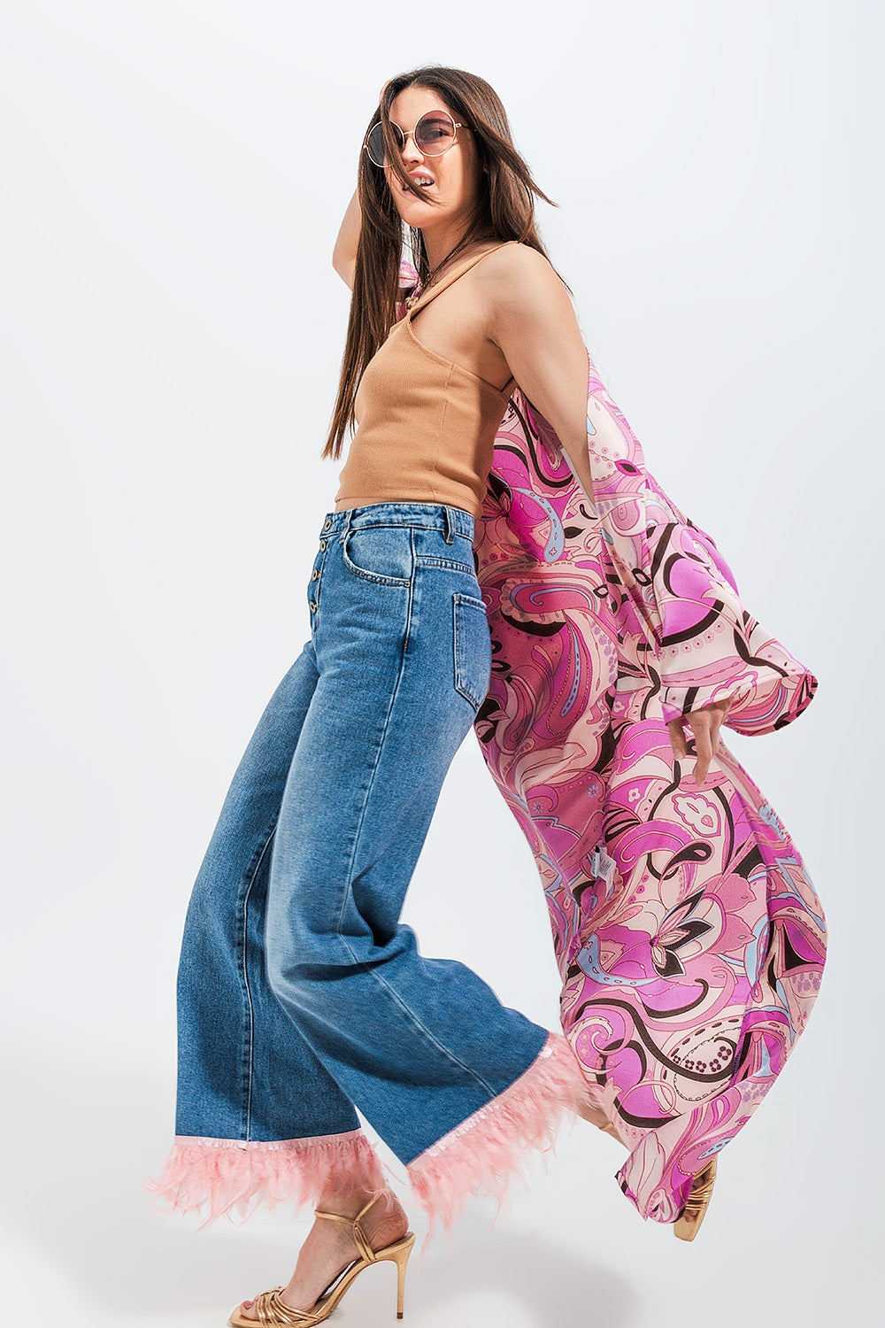 Pink Feather Trim Jeans