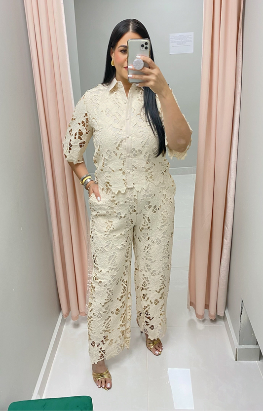 Beige Lace Pants Set