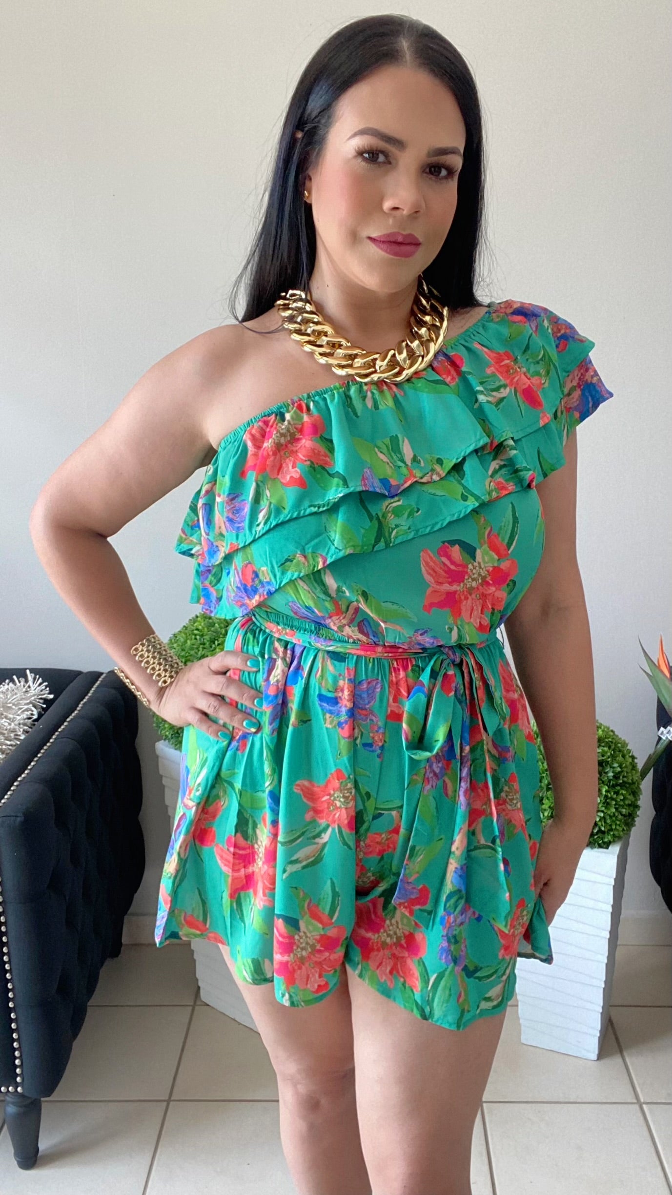 One Shoulder Woven Romper