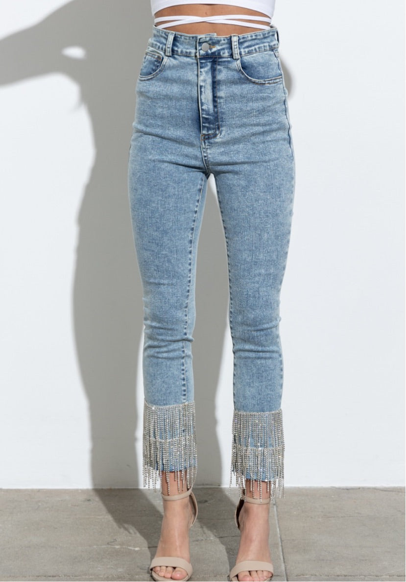 Rhinestone Fringe Crop Jeans