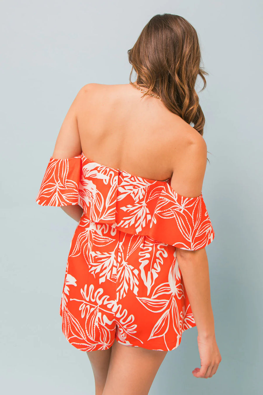 Tropical Off Shoulder Red Romper