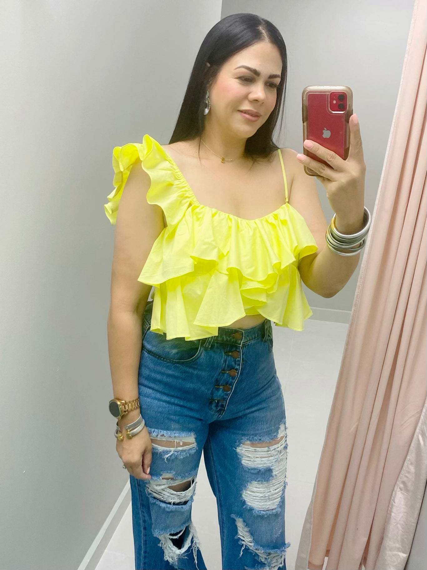 One Shoulder Ruffle Detail Poplin Top