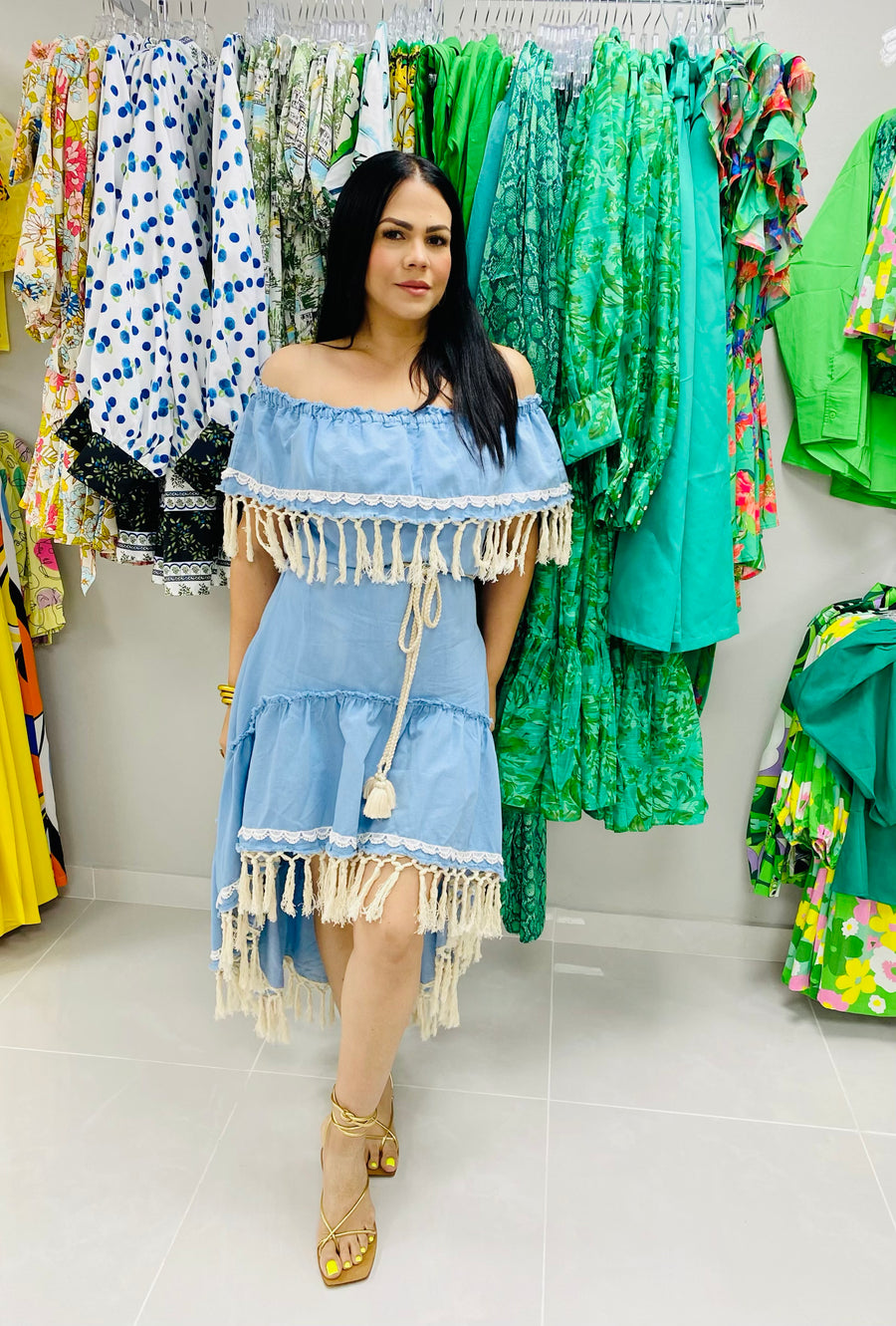 Off shoulder Tassel Blue Dress