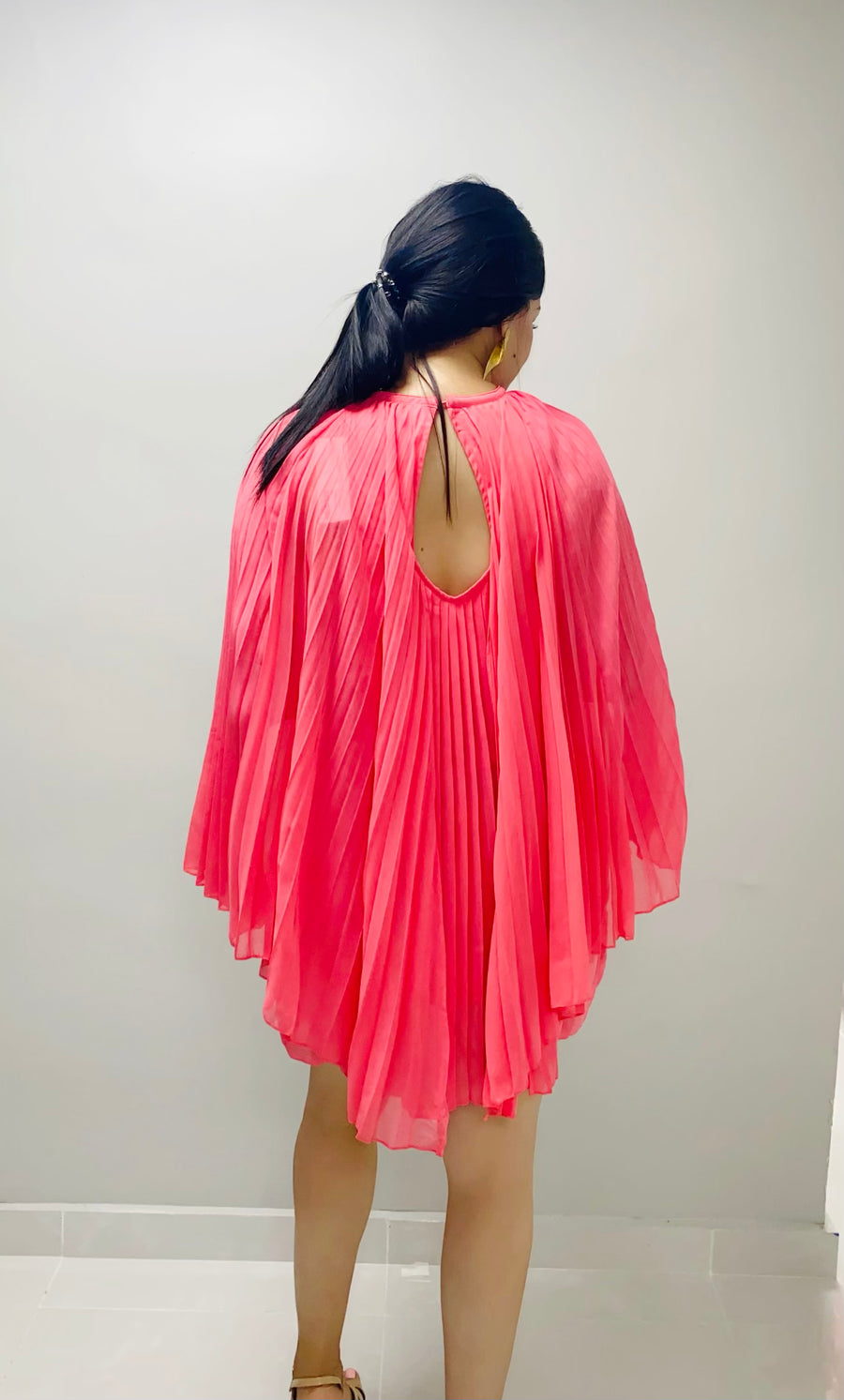 Pleated Chiffon Mini Dress -Coral