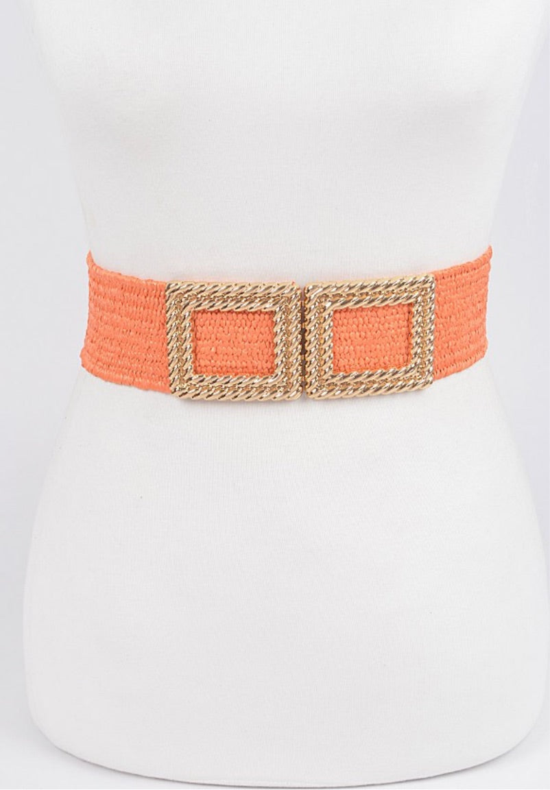 Metal Square Buckle Straw Stretch Belt