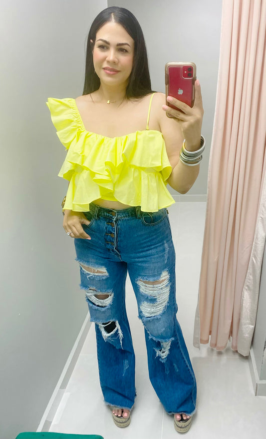 One Shoulder Ruffle Detail Poplin Top