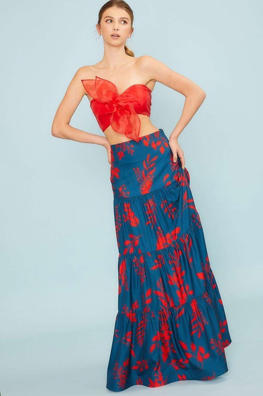 Shirring Navy/Red Maxi Skirt