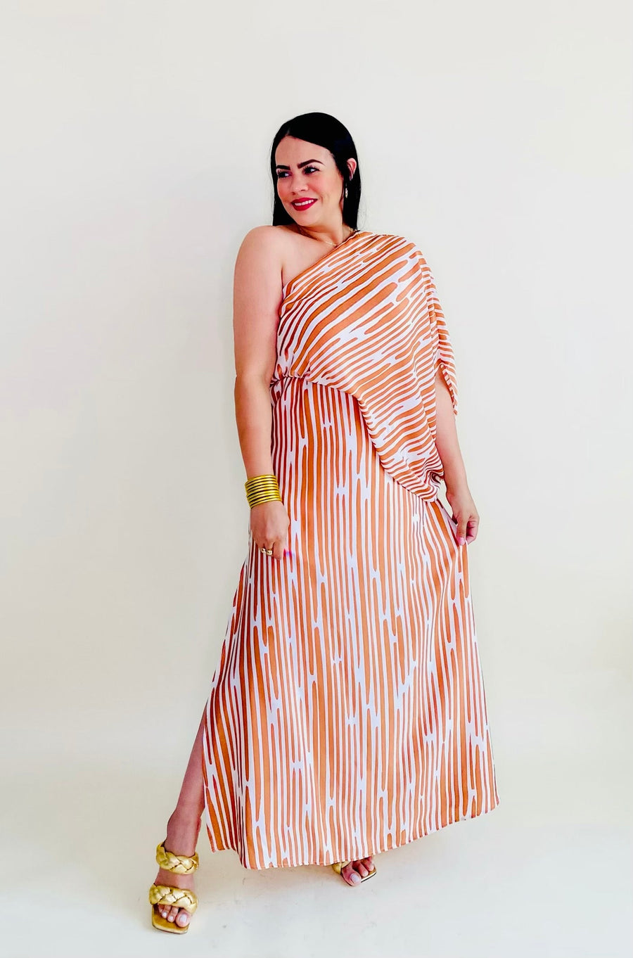 Mila Camel Stripe Maxi Dress