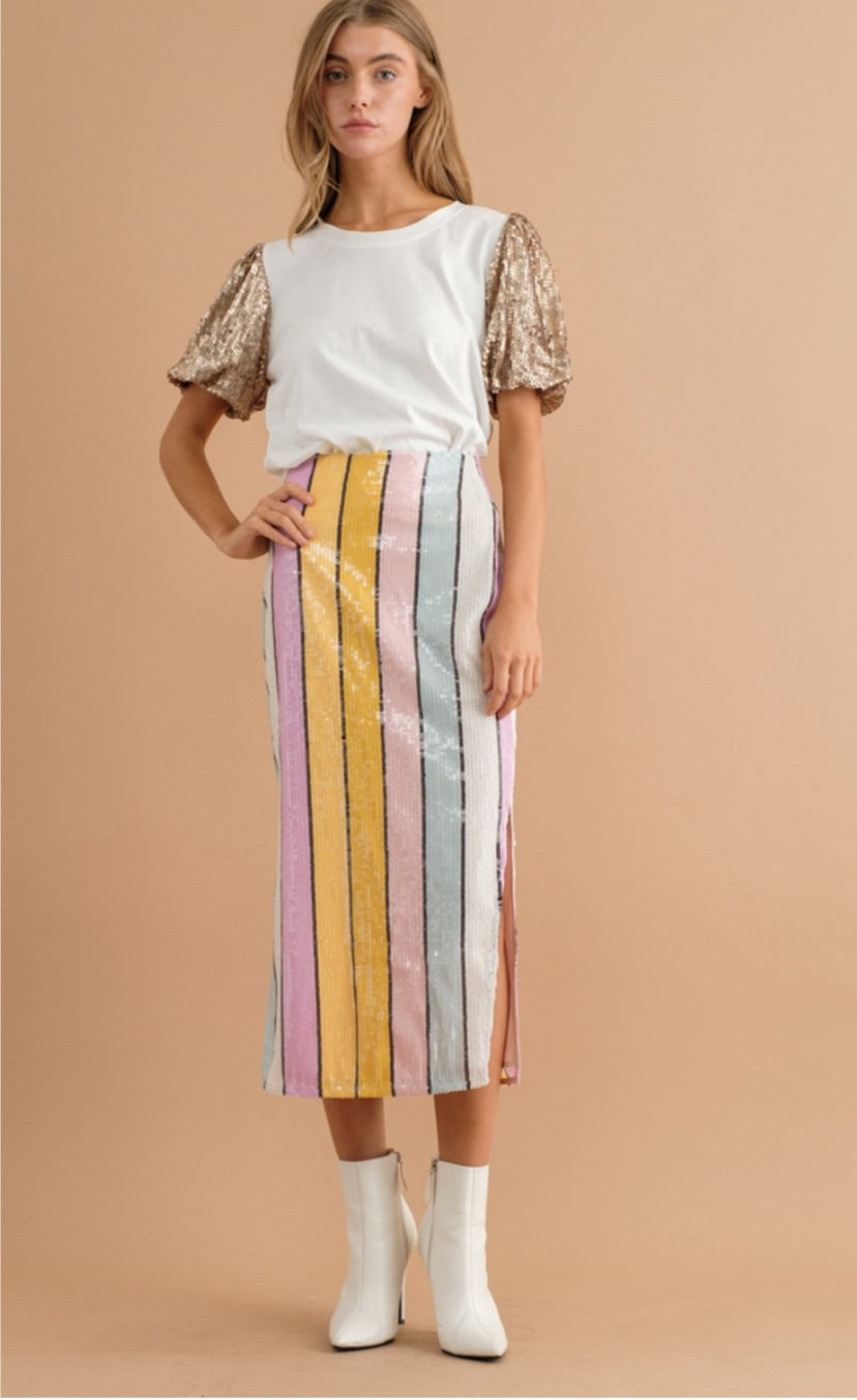 Stripe Sequins Midi Skirt