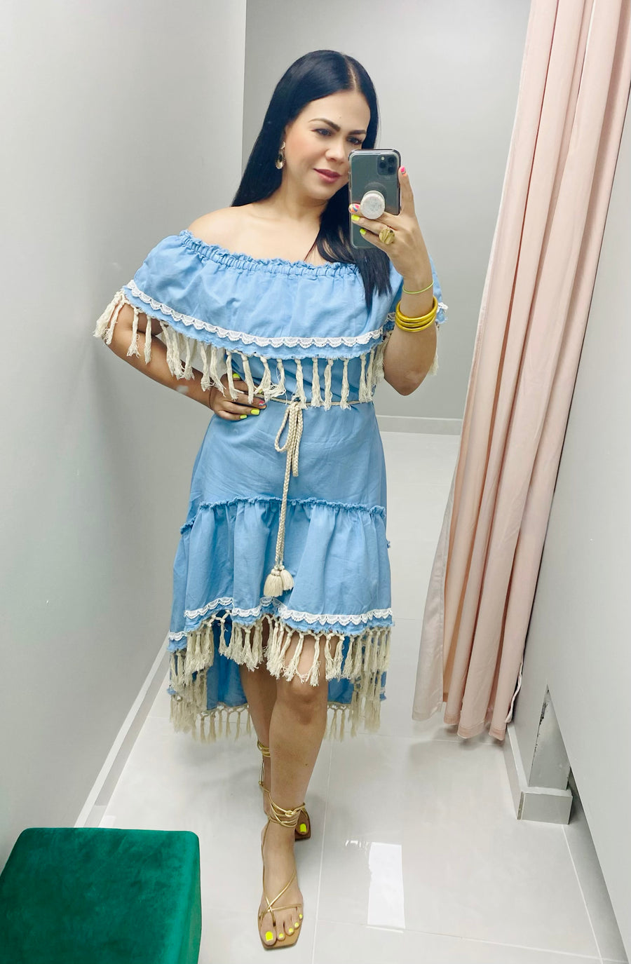 Off shoulder Tassel Blue Dress