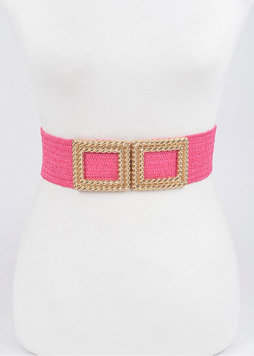 Metal Square Buckle Straw Stretch Belt