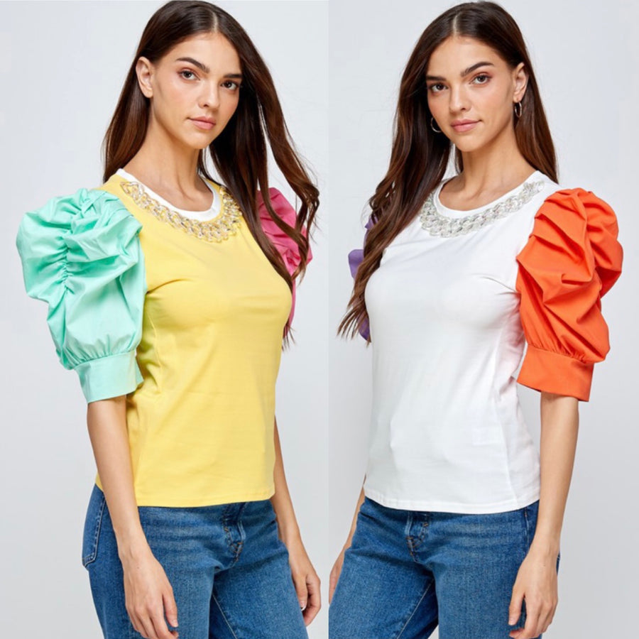 Color Block Puffed Sleeves Top