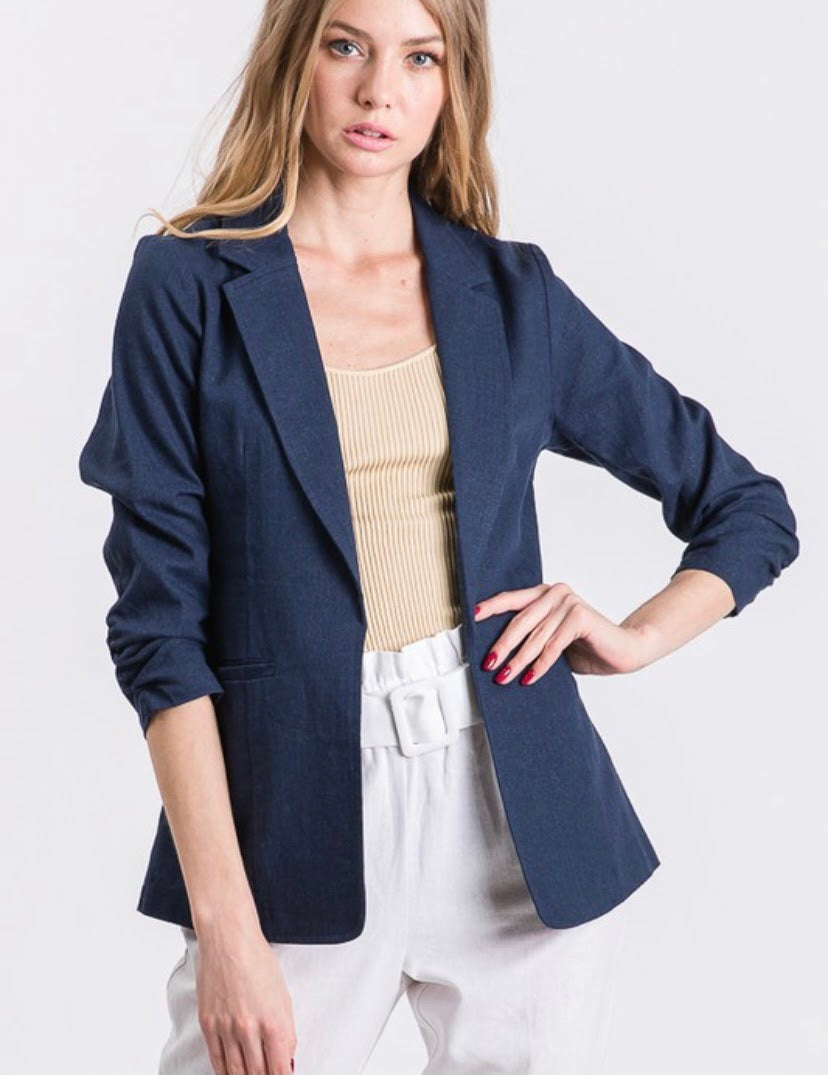 Linen Ruched Sleeve Blazer