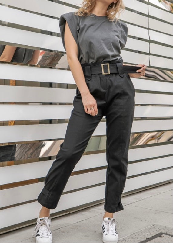 Black Corduroy Paperbag Waist Belted Pant