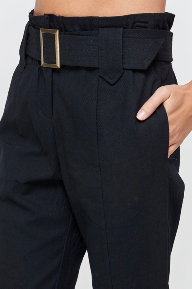 Black Corduroy Paperbag Waist Belted Pant