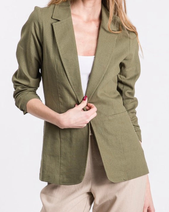 Linen Ruched Sleeve Blazer