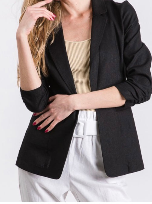 Linen Ruched Sleeve Blazer