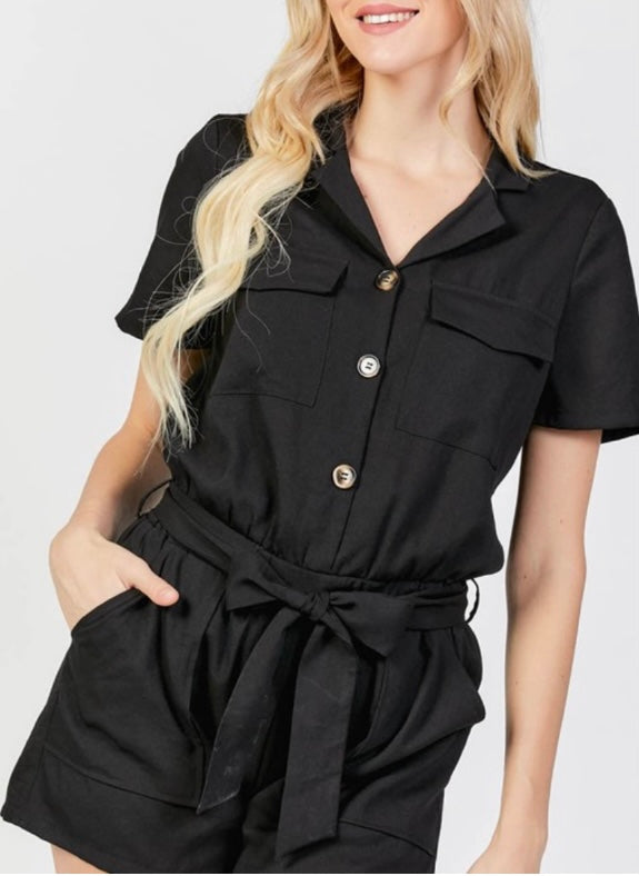 Black Collared Flap Pocket Romper