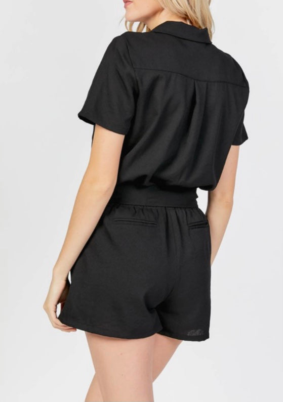 Black Collared Flap Pocket Romper