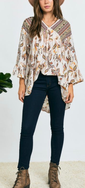 Floral Print Bell Sleeve Tunic Top