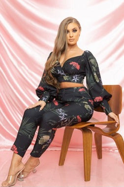 Black Multi Floral Print Pant Set