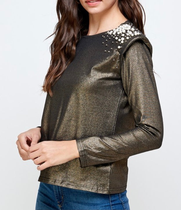 Bronze Lurex Pearl Detail Shoulder Padded Top