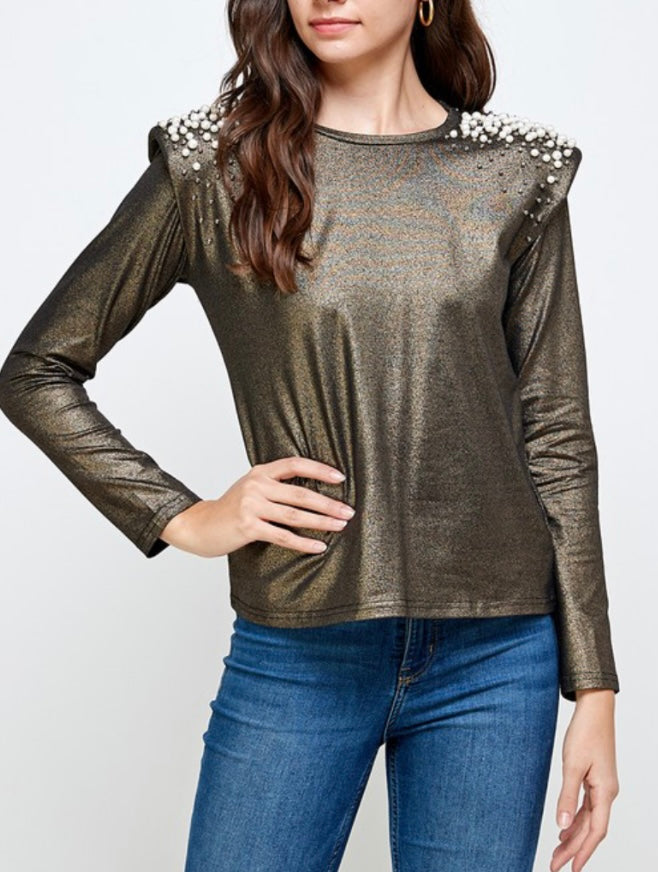 Bronze Lurex Pearl Detail Shoulder Padded Top