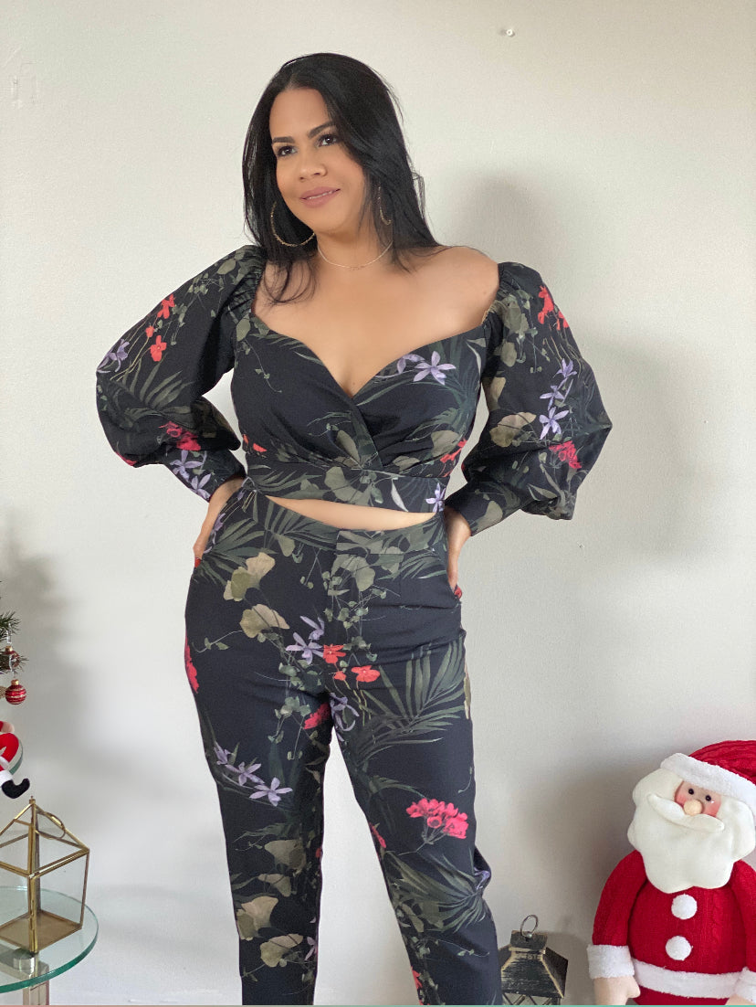 Black Multi Floral Print Pant Set