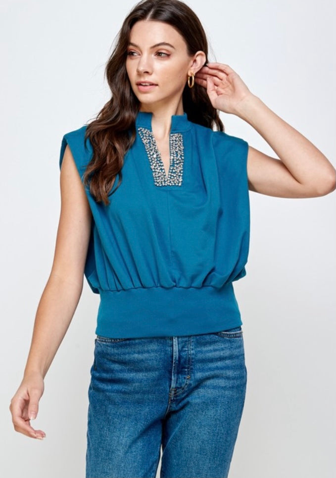 Sleeveless Jewel Detail Waist Band Top