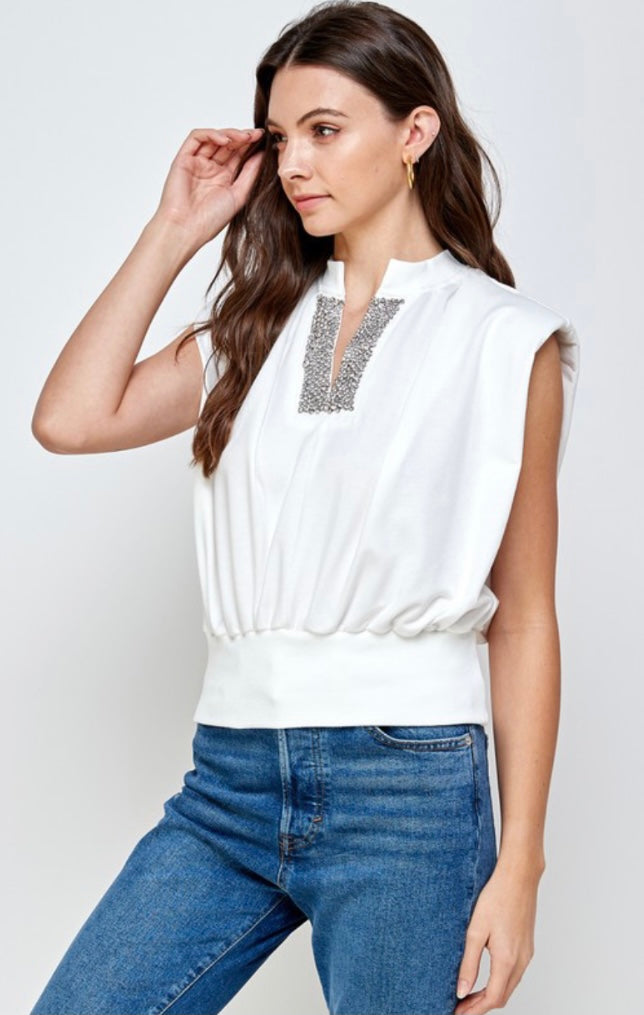 Sleeveless Jewel Detail Waist Band Top